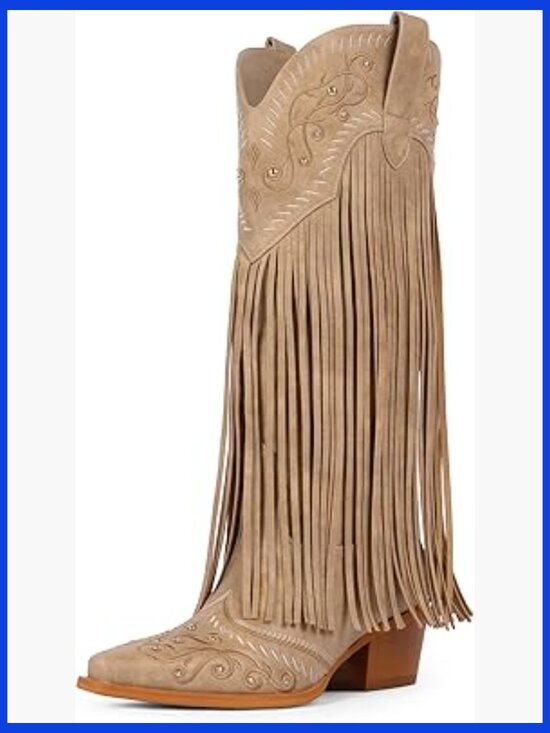 Shoes - Fringe Knee High Cowboy Boots Embroidered Western Chunky Heel Slip On